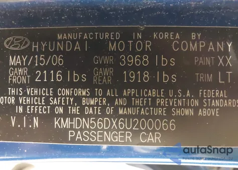 2006 Hyundai Elantra z USA, uszkodzony, nr VIN KMHDN56DX6U200066